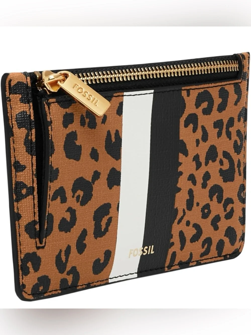 Fossil Leopard Black White Stripe Zip Card Holder Gold Keyring